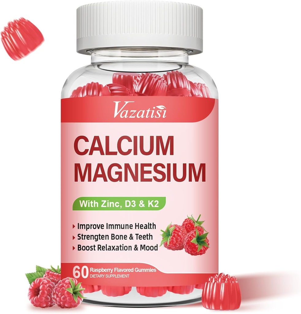 Calcium Magnesium Zinc Gummies עם ויטמין D3 & K2, High Absorption Magnesium Glycinate Potassium עבור Immune ו Calm Mood, Raspberry Flavor 60 חניכיים