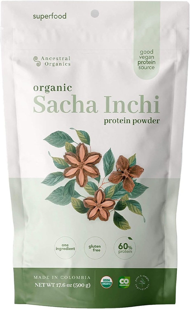 ANCESTRAL אורגנים של אבקת חלבון טבעוני, Sacha Inchi Certified Organic Superfood - 17g Plant Based Protein - Foodsent Rich - Gluten Free, Milk Free - 1.1lb