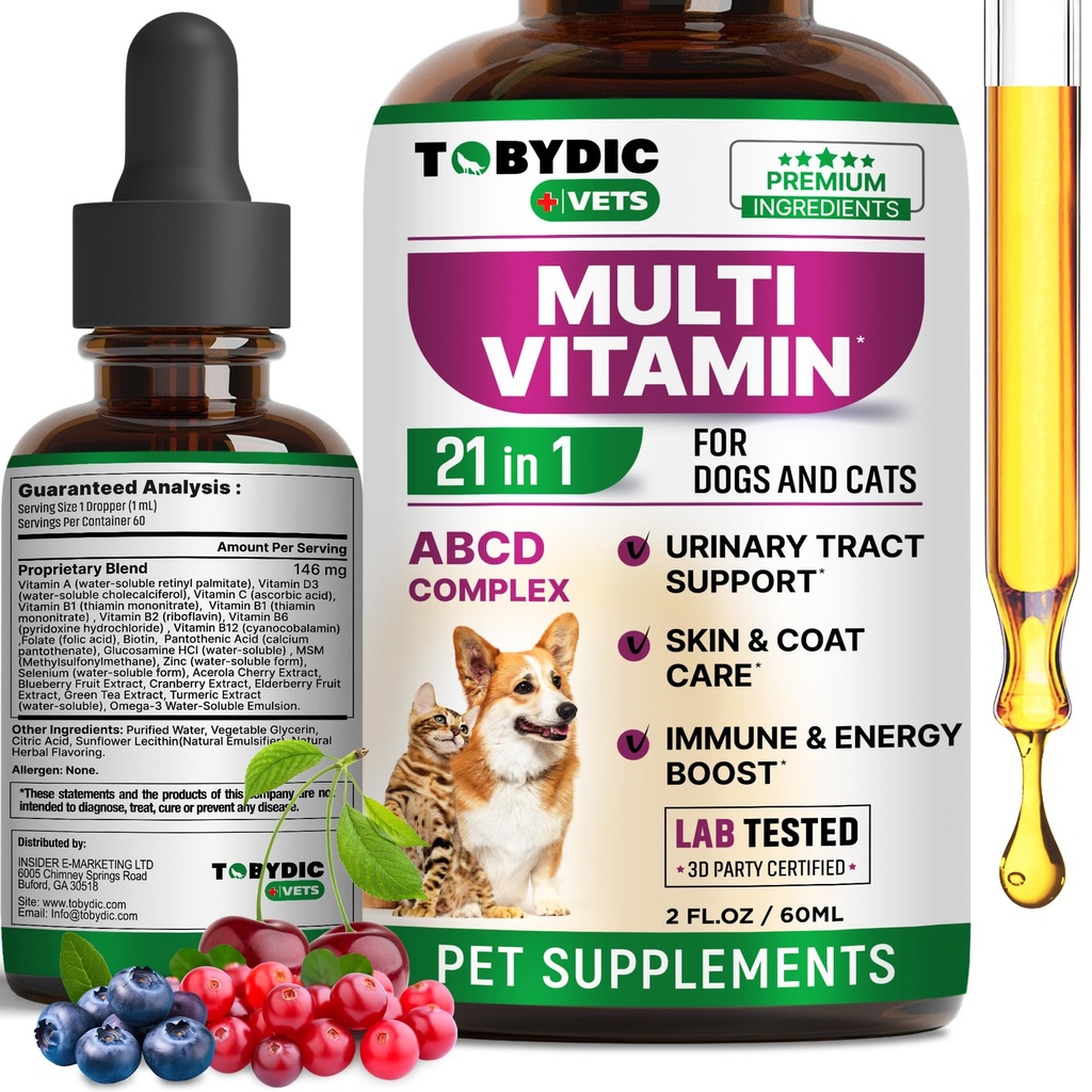 Cat & Dog Multivitamin 21 ב 1 Pet תוספים עם Cranberry & Glucosamine - תרופה טבעית ותמיכה עבור UTI, Urinary Tract, Bladder, Kidney, Skin Coat, Joints Treatment Made in USA