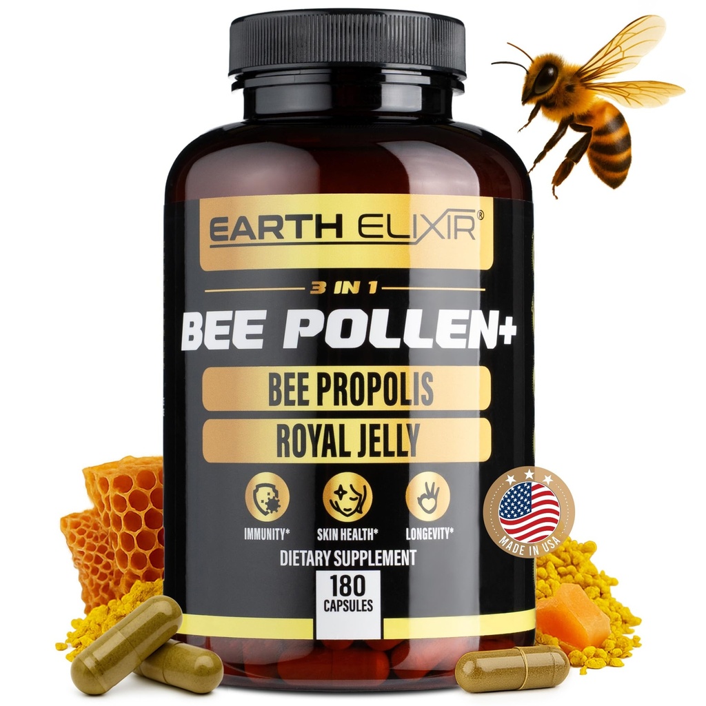 Earth Elixir 3in-1 אורגני אבקת דבורים - non-GMO, Pure Raw Bee פולן, רויאל ג'ולי, פרפוליס לחלץ נשים וגברים - אנרגיה טבעית, Immune & Vitality Support - 180 פרפוליס קפסולות