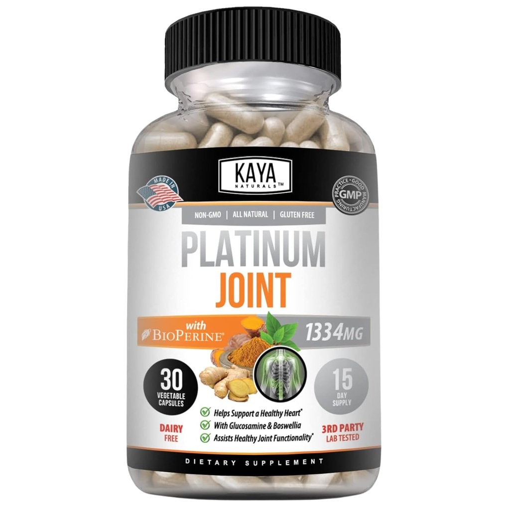 Kaya Naturals פלטינום ניידות Turmeric - Bioperine, Glucosamine, Turmeric עם Boswellia, תמיכה טבעית בריאה, Turmeric Curcumin 1334mg - 30 קפסולות