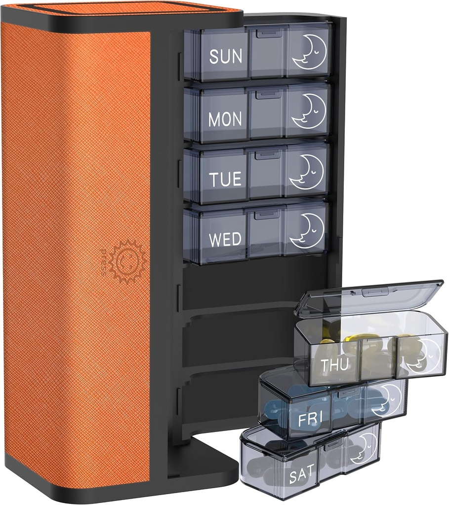 7-Day AM /PM Pill מארגנת עם  ScratchResistant Skin Case - Portable Weekly Travel Medicine Box with Detachable Daily Pods & Privacy Design (Bright Orange)