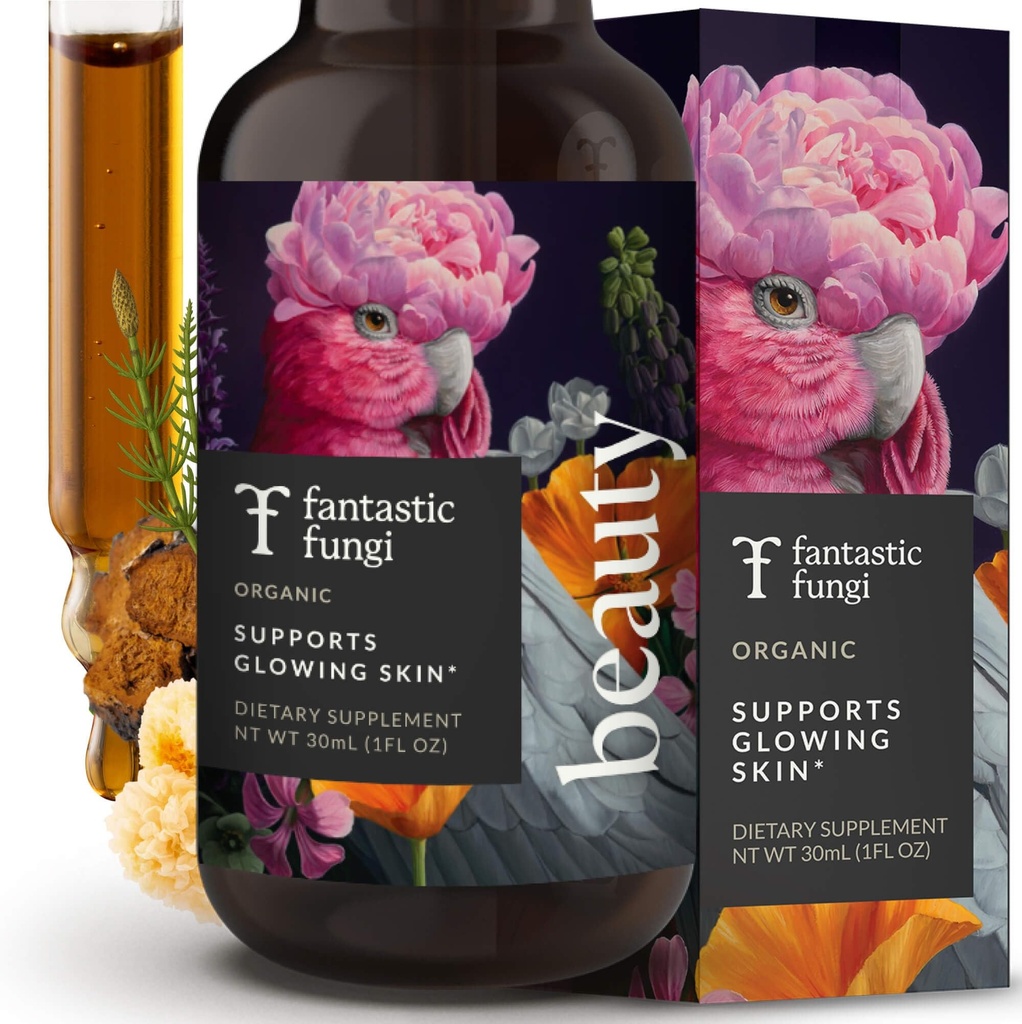Fantastic Fungi Beauty Elixir with Tremella Mushroom לחלץ, Chaga Mushroom, Horse & Acerola - טיפות אורגניות לשיער בריא, Skin & Nails - פורמולה בארה"ב - 30 משרתים, 1 floztails