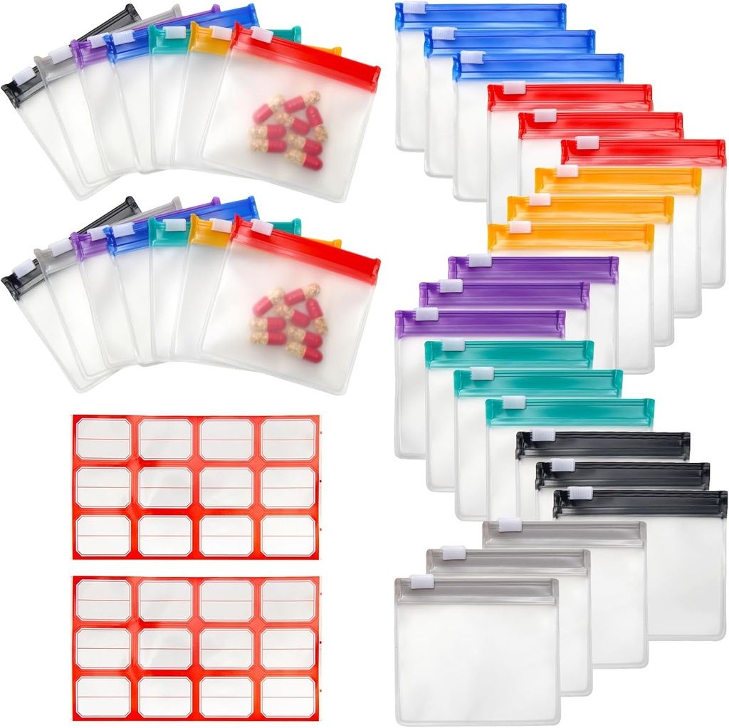 35+2 Pcs Pill Pouch Bags Zippered Pill Pouch להגדיר עם 2 Sheets תווית, 7 צבעים גלולות pouches עבור תרופות נסיעות גלולות פלסטיק קטן זמין עבור נסיעות / בית יומי להשתמש להשתמש