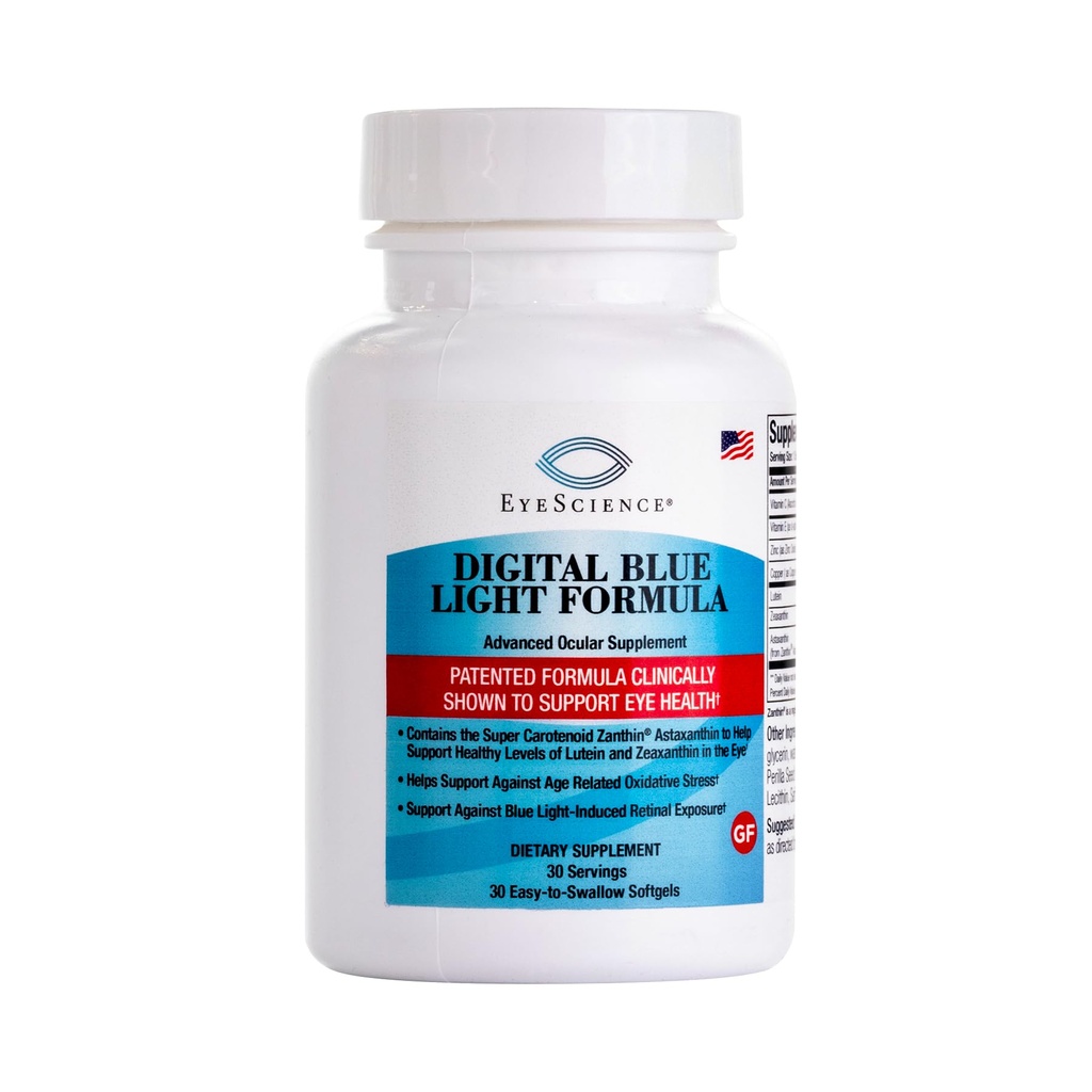 EyeScience Digital Blue Light Formula - תומך בבריאות העין עם Astaxanthin, Lutein & Zeaxanthin - מסייע לשמור על נוחות בזמן המסך - non-GMO, Gluten-Free, 30 Softgels