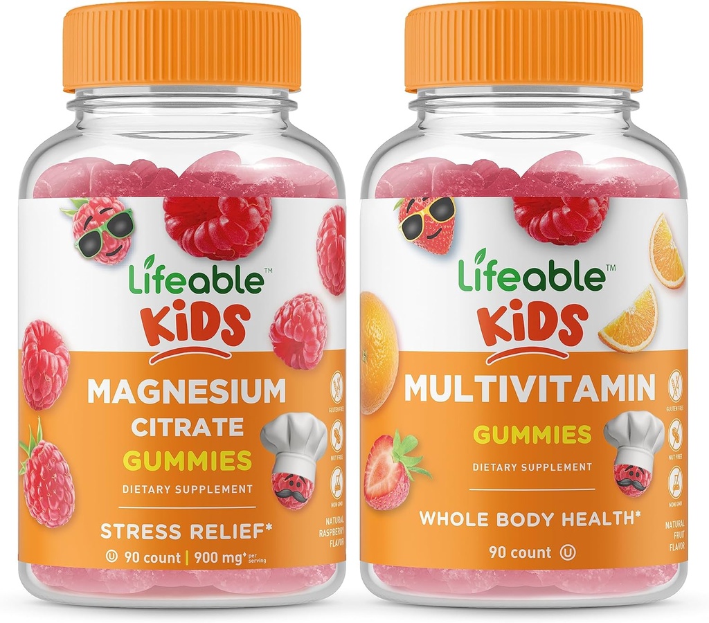 Lifeable Magnesium Kids + Multivitamin Kids, Gummies Bundle - Great Tasting, ויטמין תוסף, Gluten Free, GMO Free, Chewable Gummymy