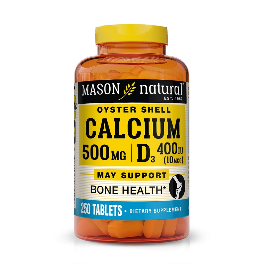 MASON NATURAL Calcium 500 מ"ג (Oyster Shell) עם ויטמין D3 לתמיכה בתפקוד העצם והשרירים הרגיל, 250 טבליות