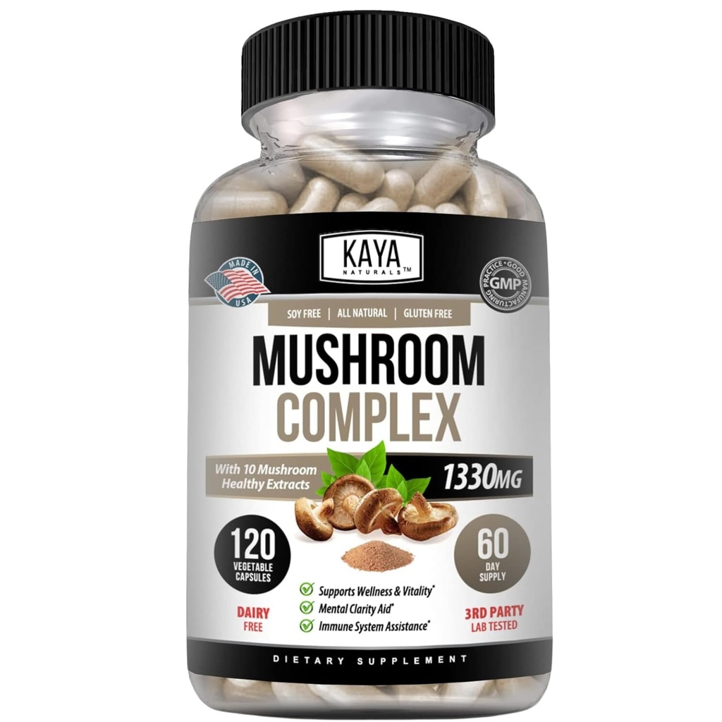 Kaya Naturals Premium Mushroom Complex Potent - תוסף Mushroom - קפסולות מורכבות Mushroom 1995mg Per Serve - איידס מערכת בריאות הנפש תמיכה מערכת החיסון, בריאות ו Vitality - 120 Count Count Count