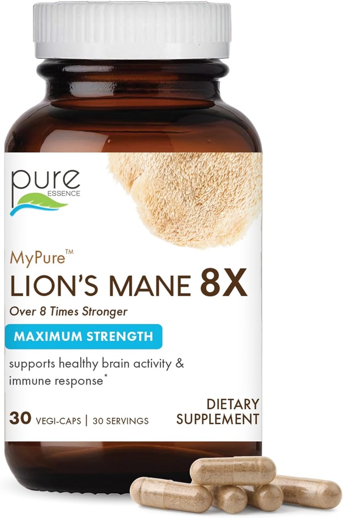 Prosture ESSENCE LABS MyPure Lion's Mane 8X - Max Power Brain Support with 100% פריינג גוף אורגני אריה עבור ביצועים קוגניטיביים, פוקוס וקלילות נפשית, 30 קפסולות