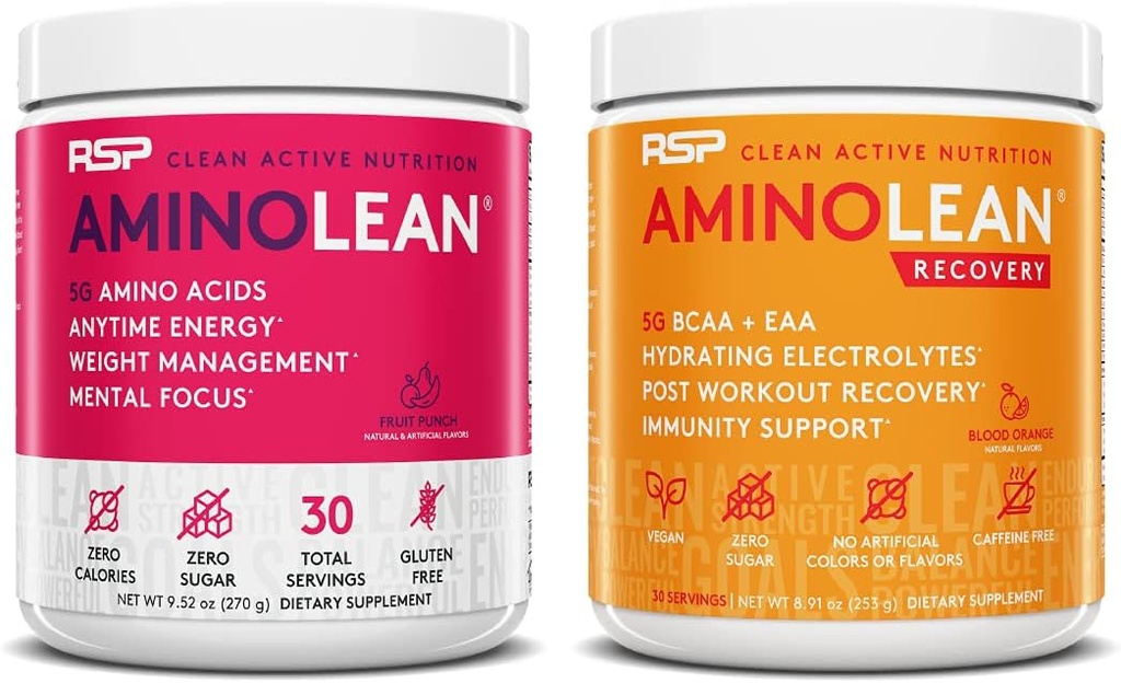 RSP NUTRITION AminoLean Pre Workout Energy (Fruit Punch 30 משרתות) עם AminoLean Recovery Post Workout Boost (Blood Orange 30 משרתים)