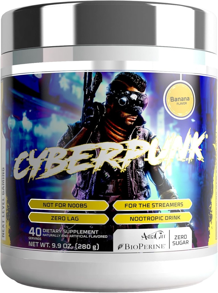 CYBERPUNK Gaming אבקה תוספת | אנרגיה & Focus Nootropic Drink | פורמולה + ויטמינים ומינרלים | רכיבים טבעיים | 40 משרתים (Banana)