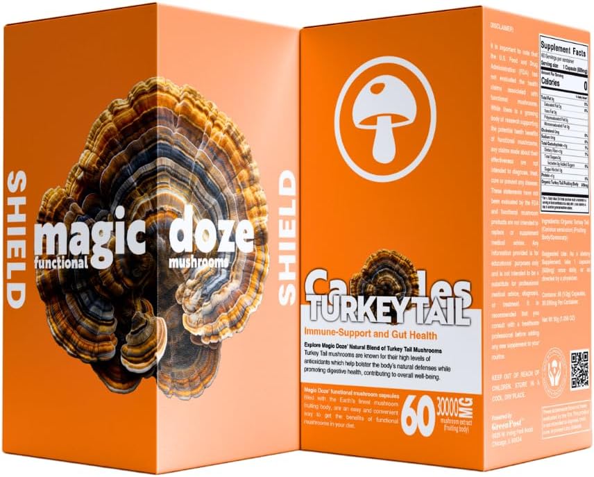 Magic DozeTM טורקיה Tail Mushroom קפסולות - 60 קפסולות לתמיכה בחיסון ובריאות העיכול