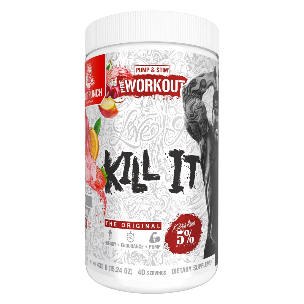 5% תזונה Rich Piana Kill It Pre Workout אבקת w/Creatine, Caffeine, Beta Alanine, Hydroprime Glycerol עבור משאבה, כוח, אנדורנס | 20/40 Srvgs (40 משרתים, Punch)