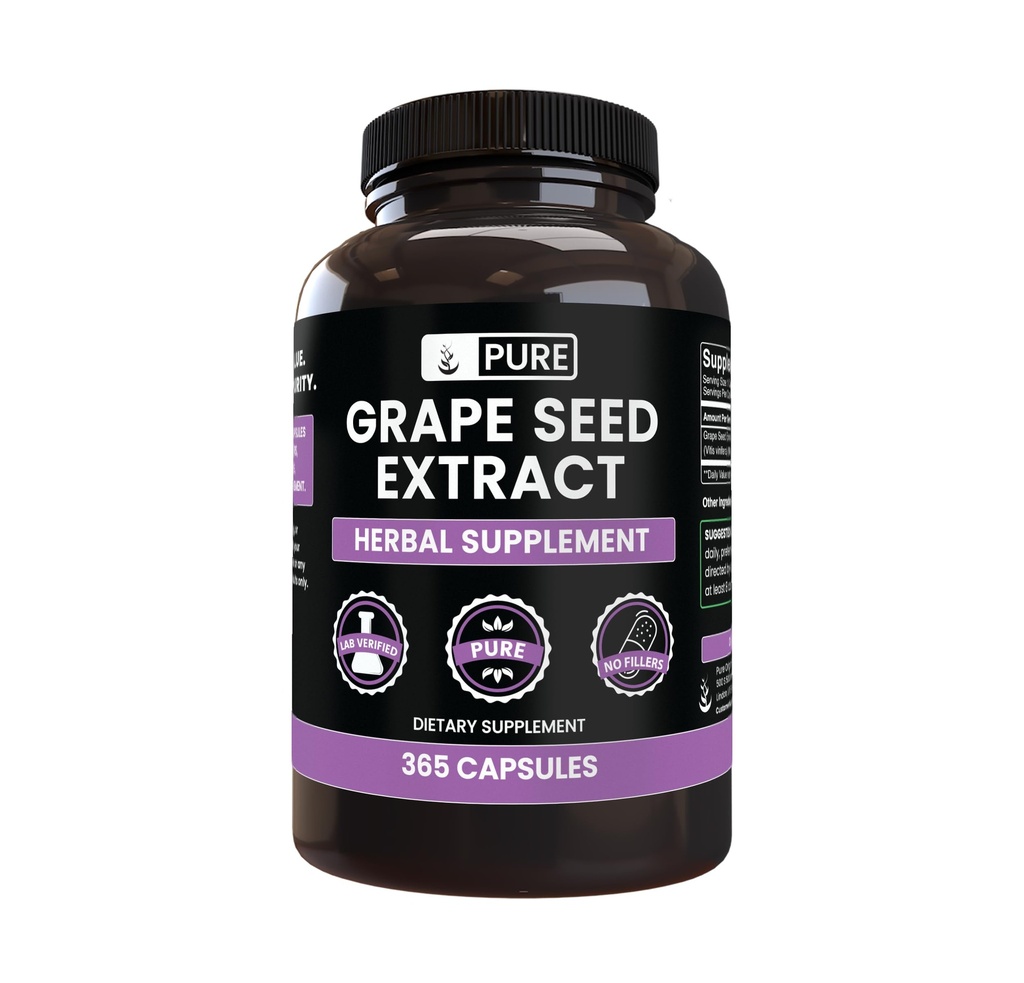 תכונות מקוריות טהורות Grape Seed Extractd Extractd (365 קפסולות) No Magnesium Or Rice Fillers, Always Pure, Lab מאומת