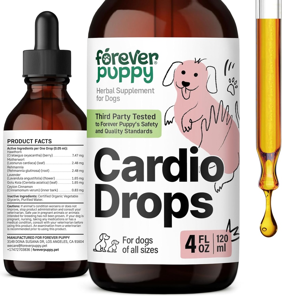 Forever Puppy Cardio Drops for Dogs - Heart Support for Dogs ו-Hawthorn ברי & Motherwort Herb - נוזל אנטי-חמצן תוספת w/Gotu Kola Leaves & Lavender - 4 fl oz oz oz