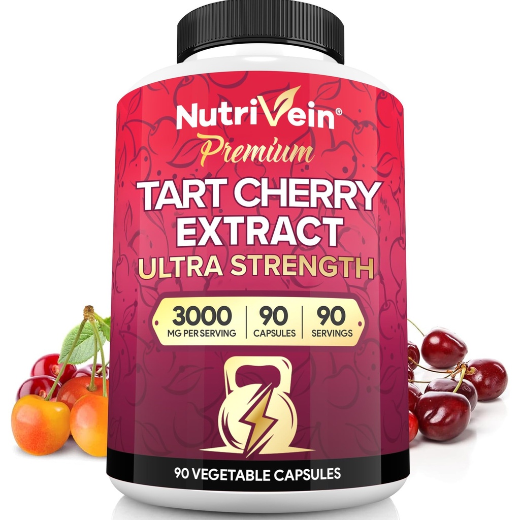 Nutrivein Premium Tart Cherry קפסולות 3000 מ"ג: Ultraחוזק Tart Cherry לחלץ תוסף עבור Post-Athletic Recovery, Detox, Rest & Mobility