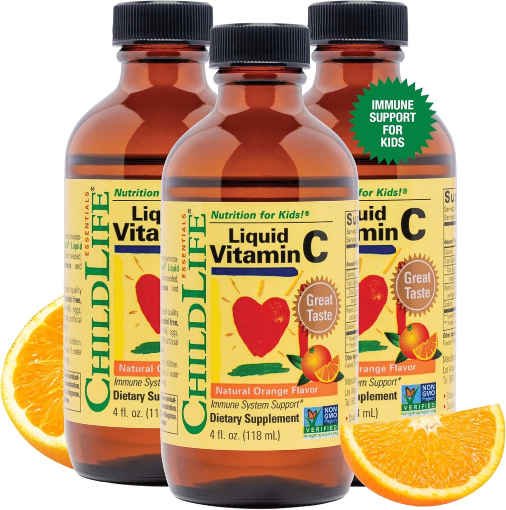 CHILDLIFE ESSENTIALS נוזל ויטמין C - תוסף נוזלי טהור ויטמין C לילדים, תמיכה במערכת החיסון, טעם גדול - כתום טבעי, 4 Fl Oz (Pack of 3)