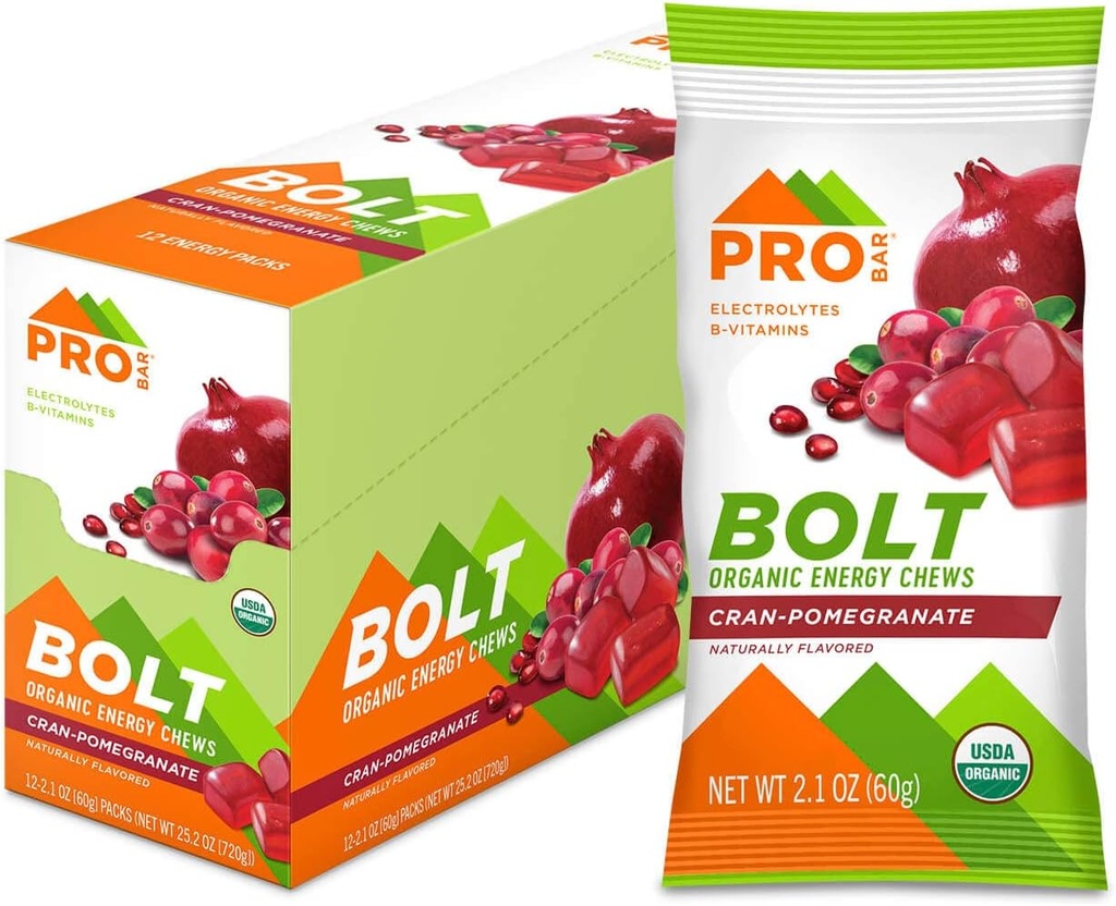 ProBAR - BOLT Organic Energy Chews, Cranberry Pomegranate, non-GMO, Gluten-Free, USDA מוסמך אורגני, בריאות, אנרגיה טבעית, חניכיים מהירה עם ויטמינים B & C (12 Count)