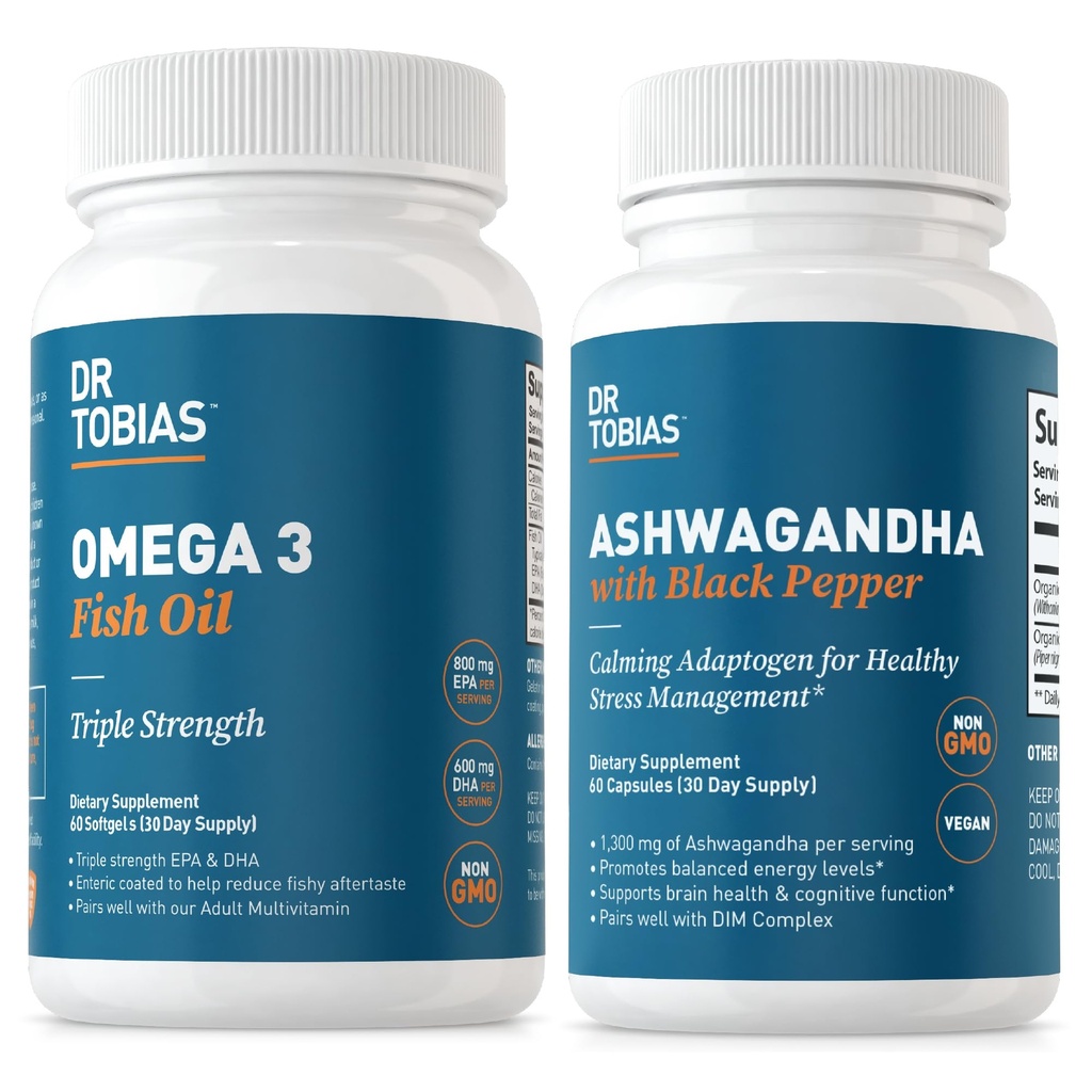 ד"ר טוביאס אומגה 3 שמן דגים ו- Ashwagandha קפסולות, תמיכה בסך הכל ב-UV Balanced Energy & Resilience, non-GMO