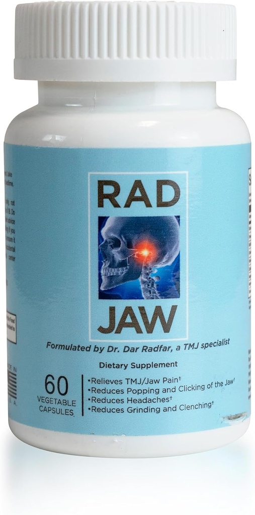 RAD JAW - TMJ תוספת לנשים וגברים, TMJ הקלה המבוססת על חומרים מזינים, Jaw Discomfort Support, Targets Pain, Popping, Clicking, Grinding, Clenching (Bruxism) ותסמינים אחרים, 60 קפסולות ירקות