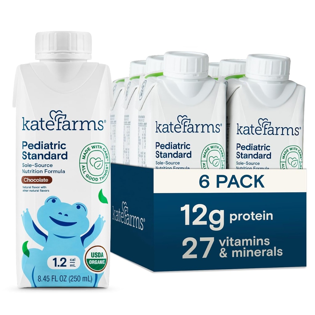 KATE FARMS Organic Pediatric 1.2 High Calorie Chocolate Nutrition Shake, 12g חלבון, 27 ויטמינים מינרלים, החלפת Meal, 8.45 oz (6 Pack)