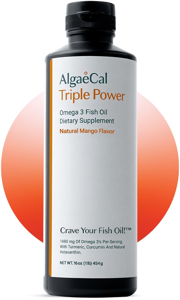 ALGAECAL Triple Power 1200 מ"ג EPA & DHA אומגה 3 שמן דגים תוספת, תמיכה המוח, הלב, העור ועצמות, חומצה נוזלית מנגו טעם, Burp-Less, סוכר חינם, מיוצר בארה"ב
