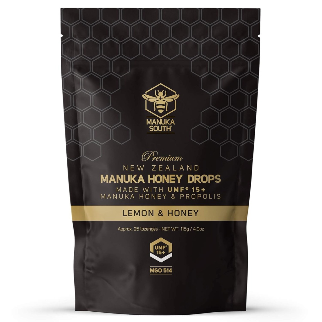 Manuka Honey Drops UMF 15+ / MGO 514+ & Propoliss Made בניו זילנד - גידול טבעי - Soothing Drops - Lemon & Honey Flavor - 25 טיפות