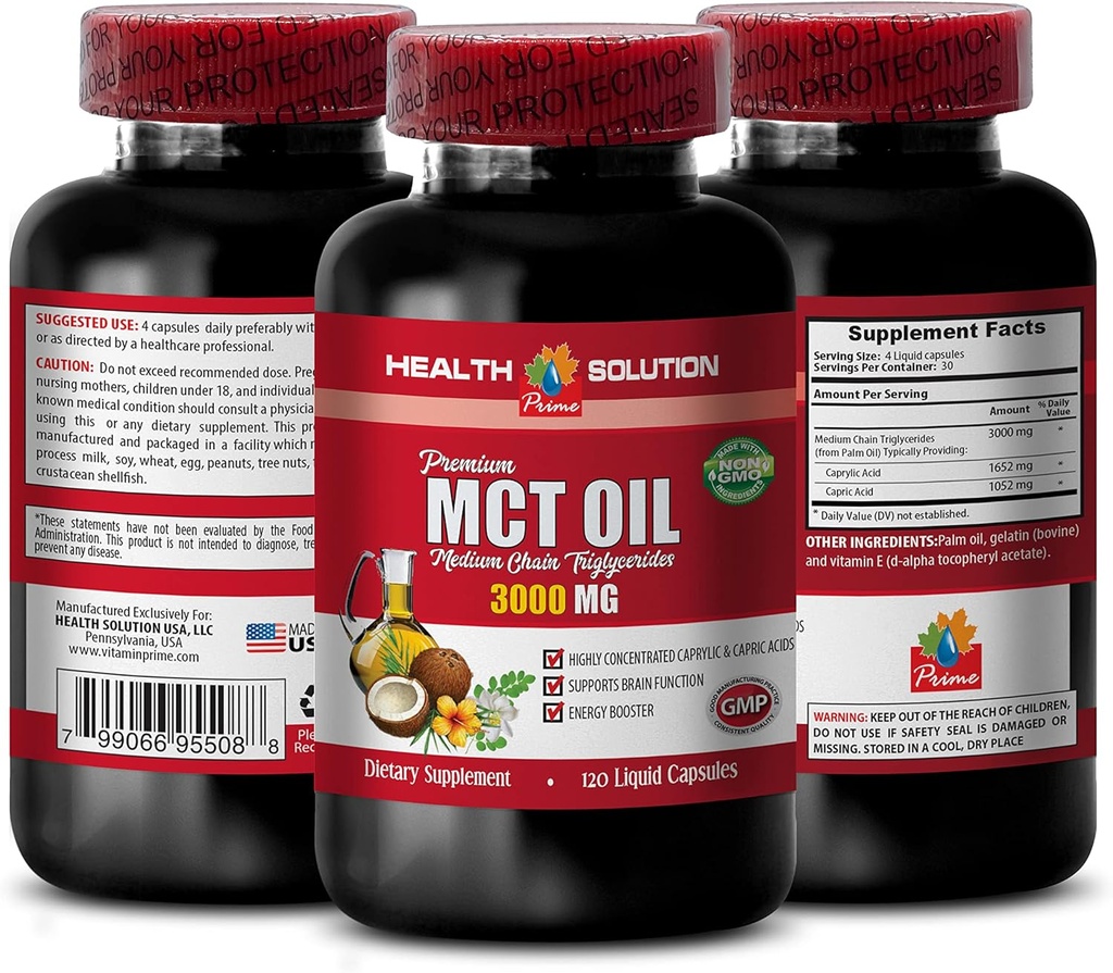 תוספי תמיכה באנרגיה - שמן MCT 3600MG, 100% טהור, בינוני שרשרת טריגליצרידים - שמן מקט המיוצר עם שמן קוקוס, שמן מקט לזיכרון, שמן מקט למוח, שמן קוקוס - 1B 120Soft שמן מיוצר עם שמן קוקוס