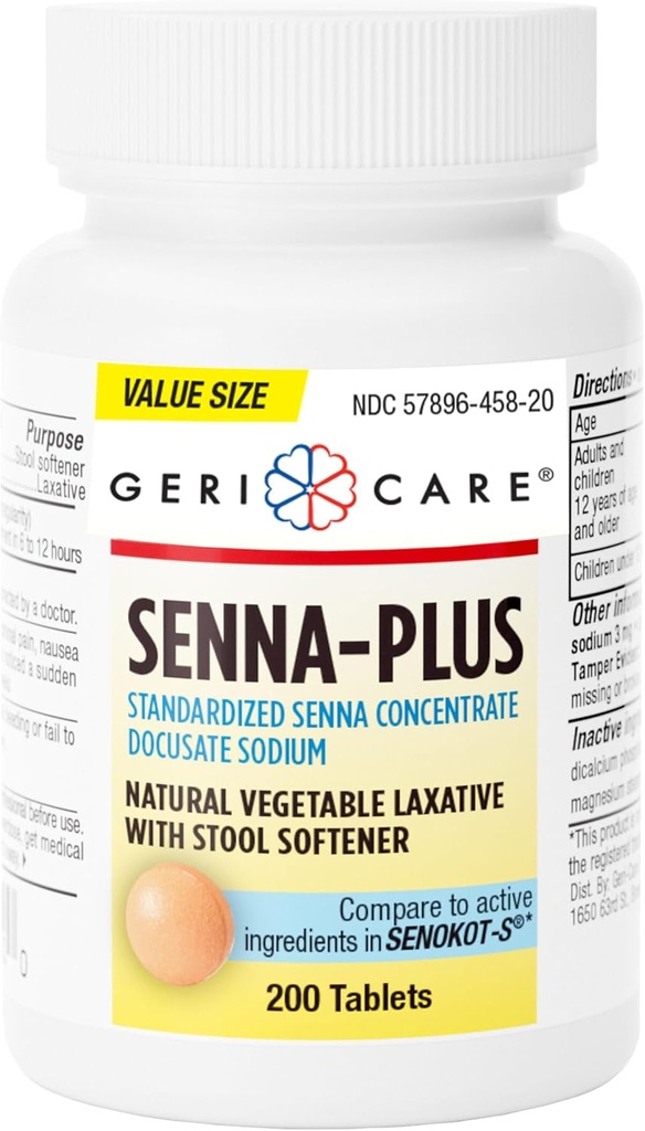 GariCare Senna Plus Natural Laxative עם Stoolener, Docusate Sodium 50 מ"ג, Sennosides 8.6 מ"ג, 200 טבליות (Pack of 1)