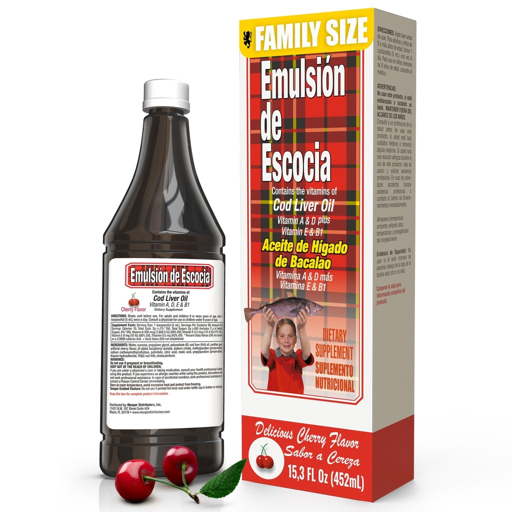 Emulsión de Escocia עם cod Liver שמן - צ'רי פלאפור - ויטמינים A, D, E & B1 עבור Immune ו- Liver תמיכה - תוספת נוזלית לילדים - 15.3 Fl Oz | 1-Pack