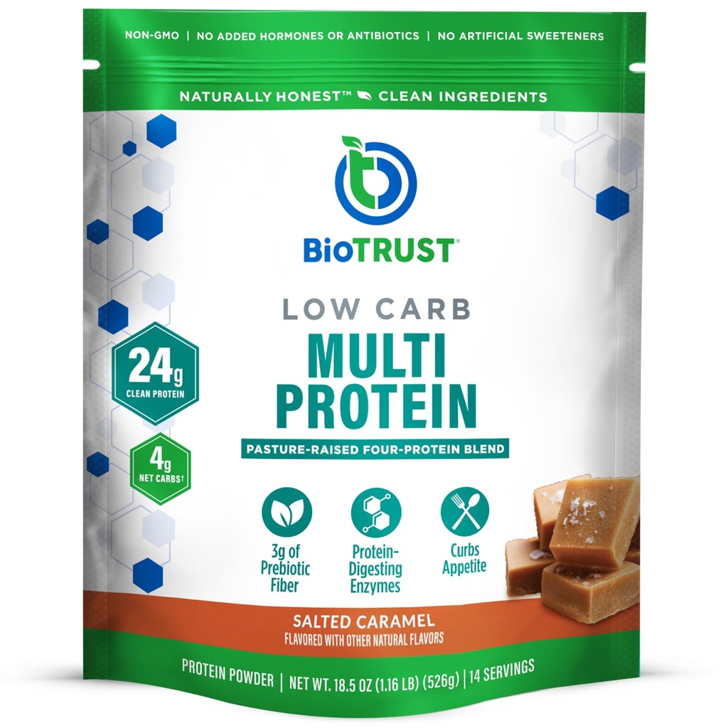 אבקת חלבון דלת פחמימות - אבקת חלבון Whey solated Whey ו- Casein בלגן של Grass-Fed, Pasture-Raated Cattle, Plus Digestive Enzymes - Salted Karamel, 14 משרתות