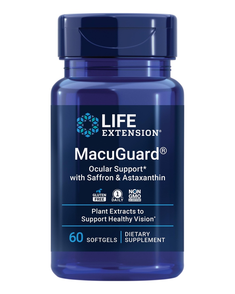 Life Extension MacuGuard Ocular Support with Saffron & Astaxanthin - תוספי בריאות העין עבור חזון בריא - עם Lutein, zeaxanthin, Meso-zeaxanthin - Gluten-Free, non-GMO - 60 רכות גלגל