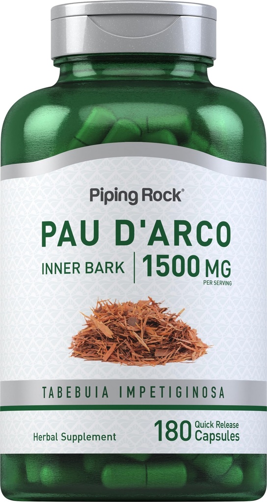 Piping Rock PAU D'Arco קפסולות | 1500 מ"ג | 180 Pills | Inner Bark | Herb Extract Supplement