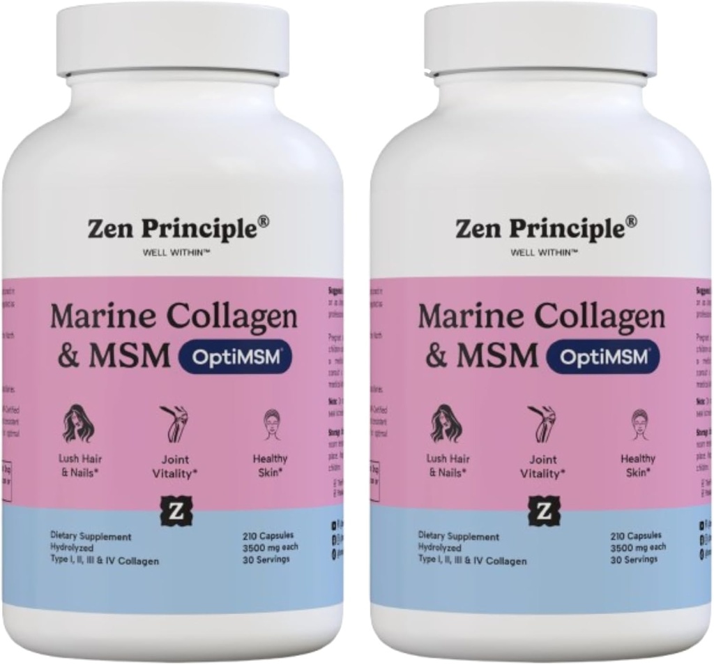 Zen Principle Marine Collagen Peptides אבקת עם תוסף OptiMSM®. בדיקה קלינית לתמיכה בעור. דגים פרועים, non-GMO. 420 קפסולות.