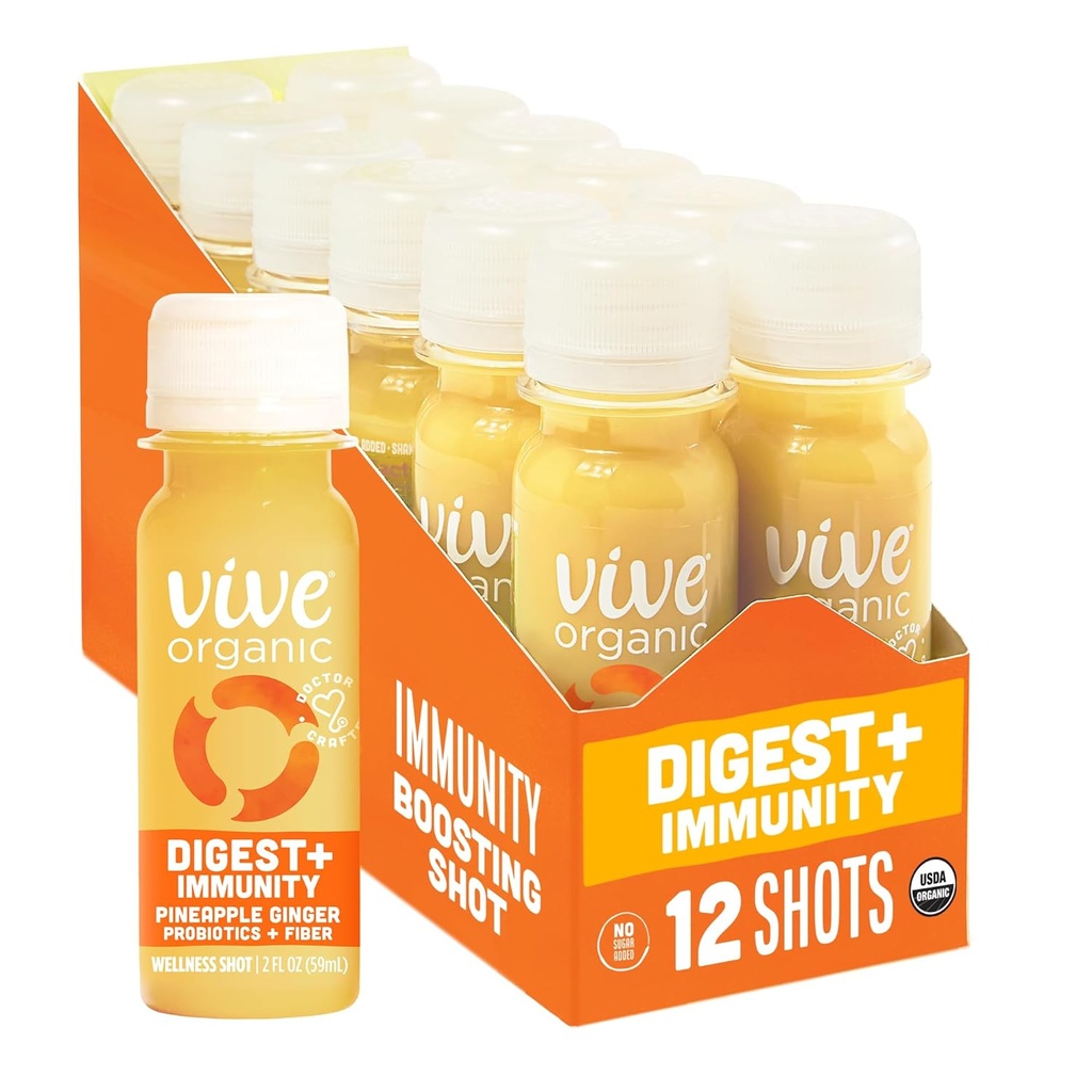 Vive Organic Digest + Immunity Double-Boost Shot, Cold-Pressed Aloe Vera, Apple Cider, Probiotics, 2g סיבים, Gluten Free, Vegan, 2 Fl Oz (Pack של 12)