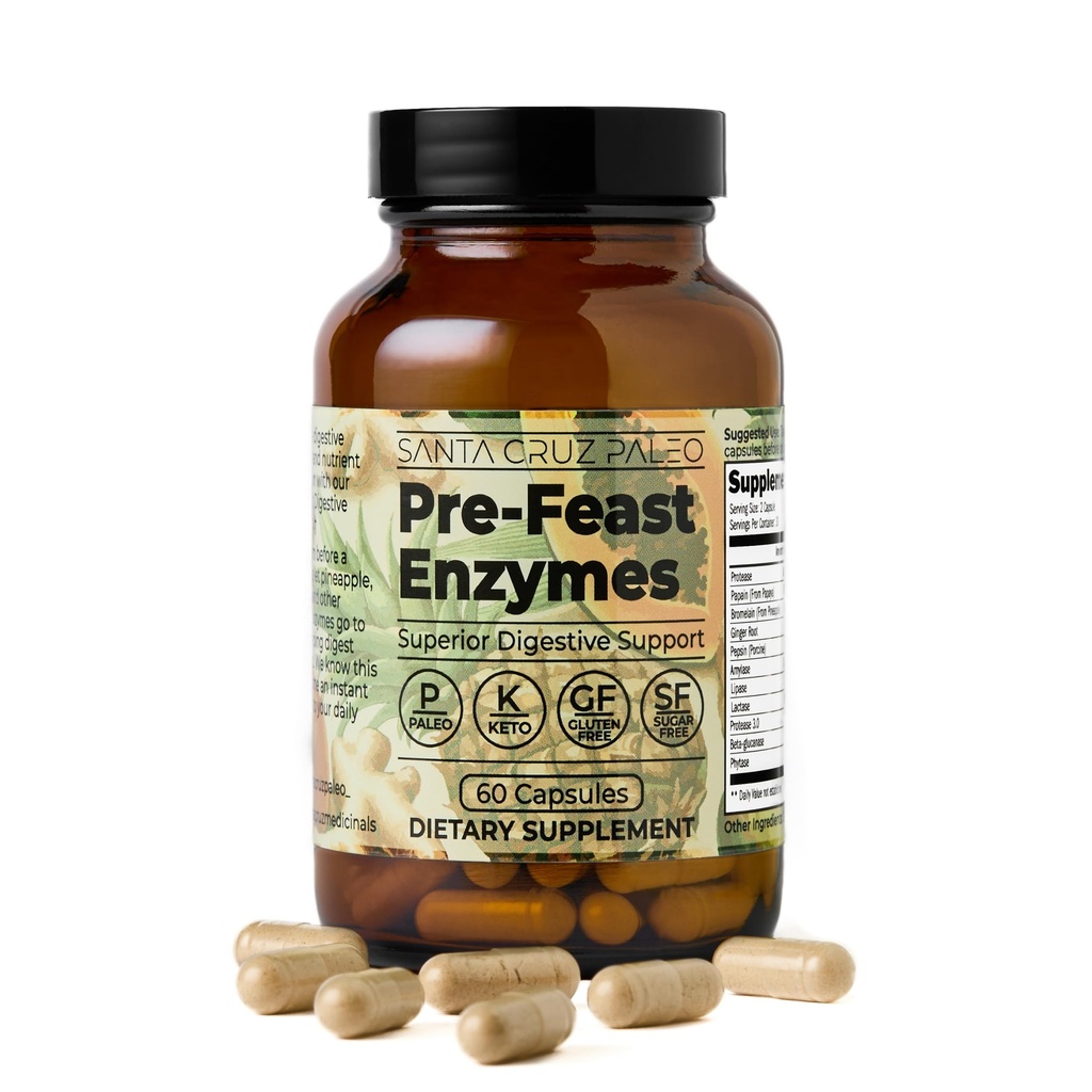 סנטה קרוז Paleo Pre-Feast Digestive Enzymes for Women and Men, תוסף סיבים לבריאות Gut & Digestive, Gluten Free, Keto, Sugar Free, Paleo, עם Bromelain, ג'ינג שורש, 60 קפסולות