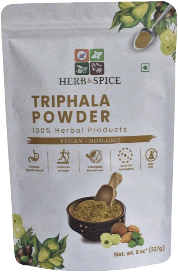 אבקת Triphala non GMO, Gluten Free, 100% Raw, מקורו בהודו, Herbal Formula of Amla, Haritaki, Bibhitaki, ארוז ב- Resealable Zip Lock Pouch (227 גרמה)