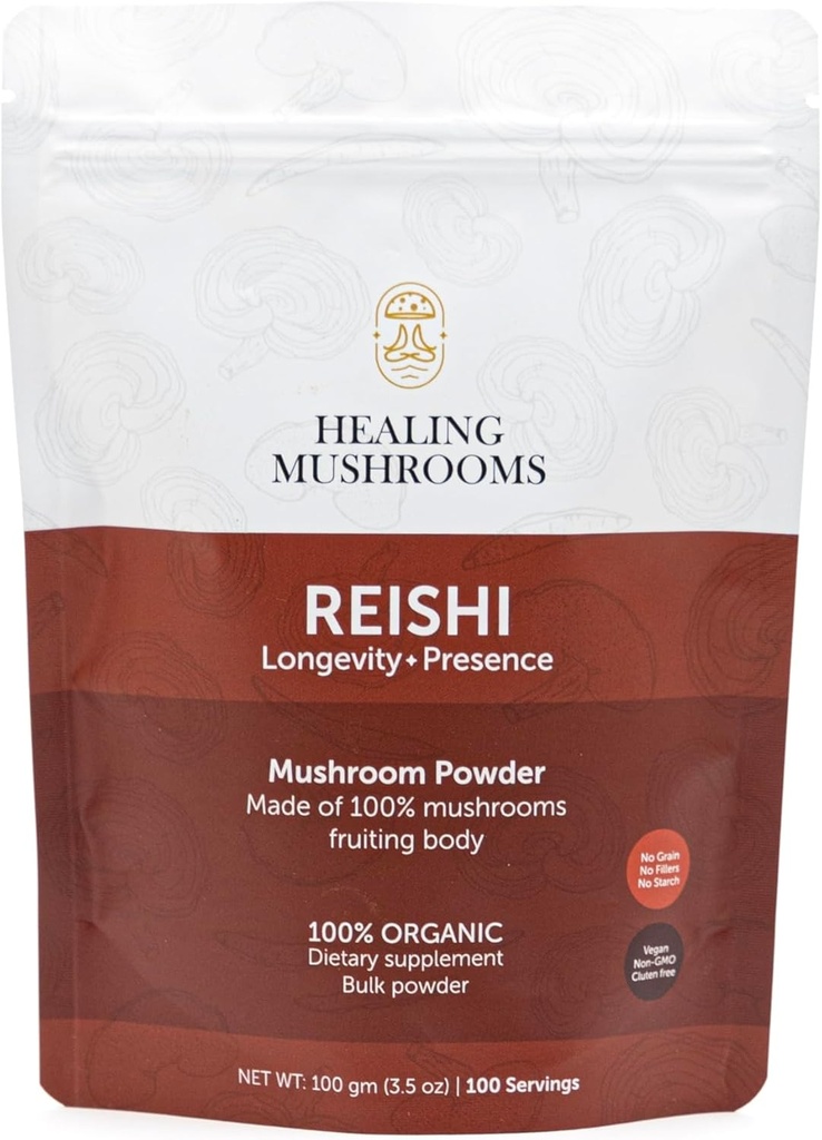 Reishi Pure אבקה, תוסף אורגני Mushroom לתמיכה Immune, Longevity, Mood, Sleep, No Fillers, Non-GMO