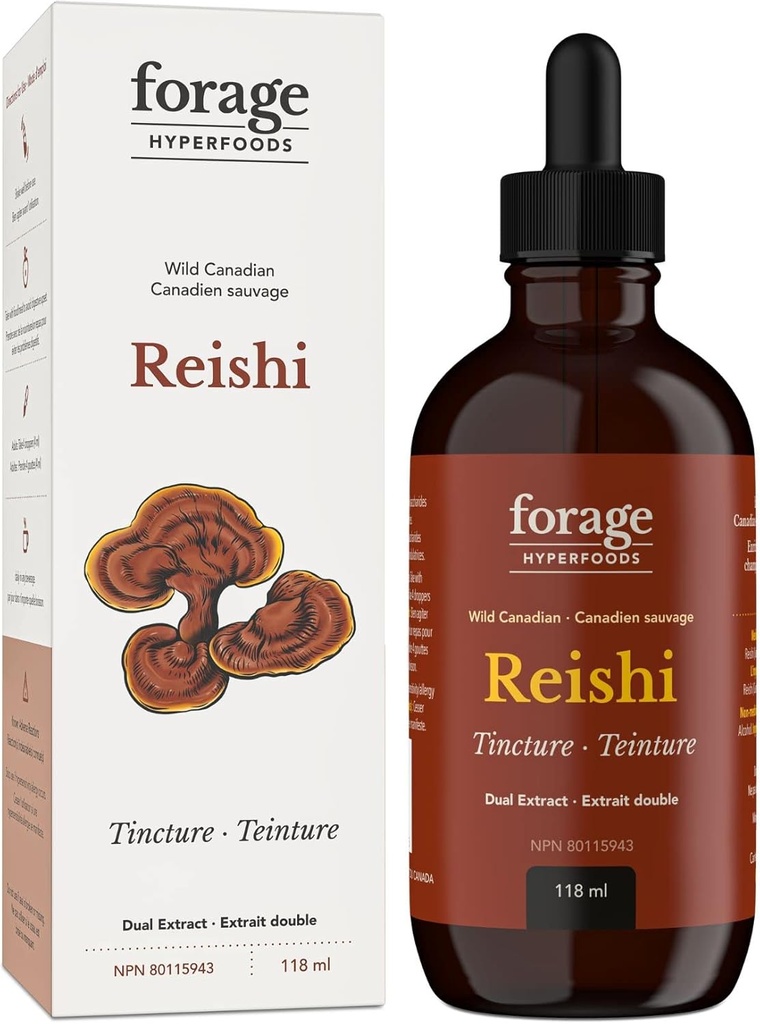Forage Hyperfoods- Original קנדה Wild Reishi Mushroom Superfood תוספת לחלץ Tincture, טבעוני, non-GMO, משפר את מערכת החיסון ותגובה מתח, Natural Calm, 118ML