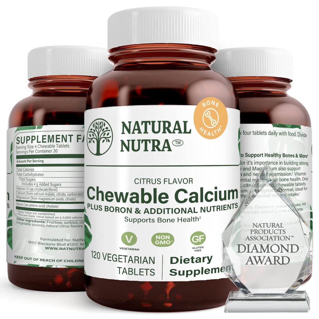 טבעי Nutra Chewable Calcium תוסף עבור כוח העצם, מקדם בריאות שרירים, עוזר לשפר את בריאות השיניים, תמיכה בריאות עצבית, ובריאות Cardiovascular, שיפור כוח העצם, 120 טבליות