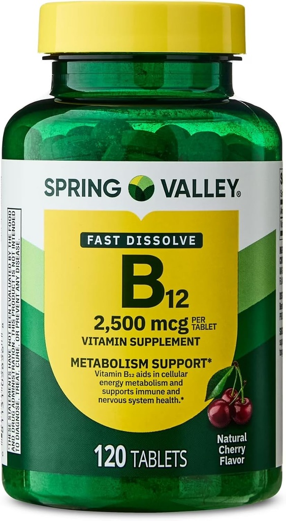 עמק האביב, ויטמין B12 2500 MCG, B12 Quick-Dissolve Cherry Flavor Tablet Dietary Supplement, ויטמין B12, 120 Count - New Look (Pack of 1)