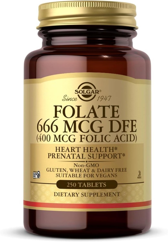 Solgar Folate 666 mcg DFE (Folic Acid 400 mcg) - 250 טבליות - תמיכה טרום לידתית - Non-GMO, טבעוני, Gluten חינם, חלב, כשר - 250 משרתים