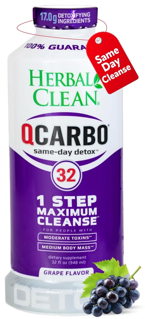 Herbal ניקוי Qcarbo32 אותו יום Detoxse לשתות (32 fl oz) - Grape Flavor Full Body ניקויse * Detox שתו עבור רמות טוקסין גבוהות *, ויטמין B2 ו- B12 עבור גברים ונשים