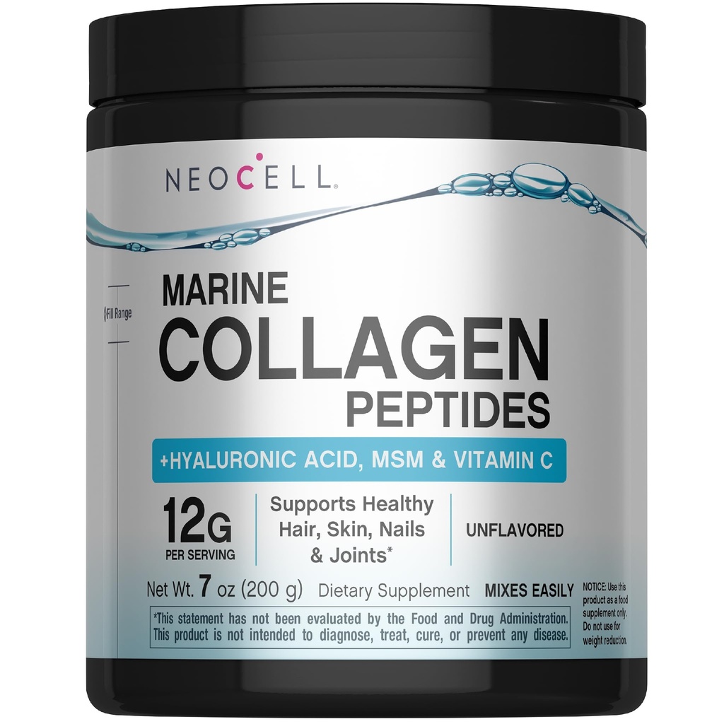 Neocell Marine Collagen עם Hyaluronic Acid, MSM ויטמין C, Keto Collagen תוספי מזון, עבור טיפוח עור ובריאות משותפת, Unflavored, אבקה, 7 oz, 1 Canister