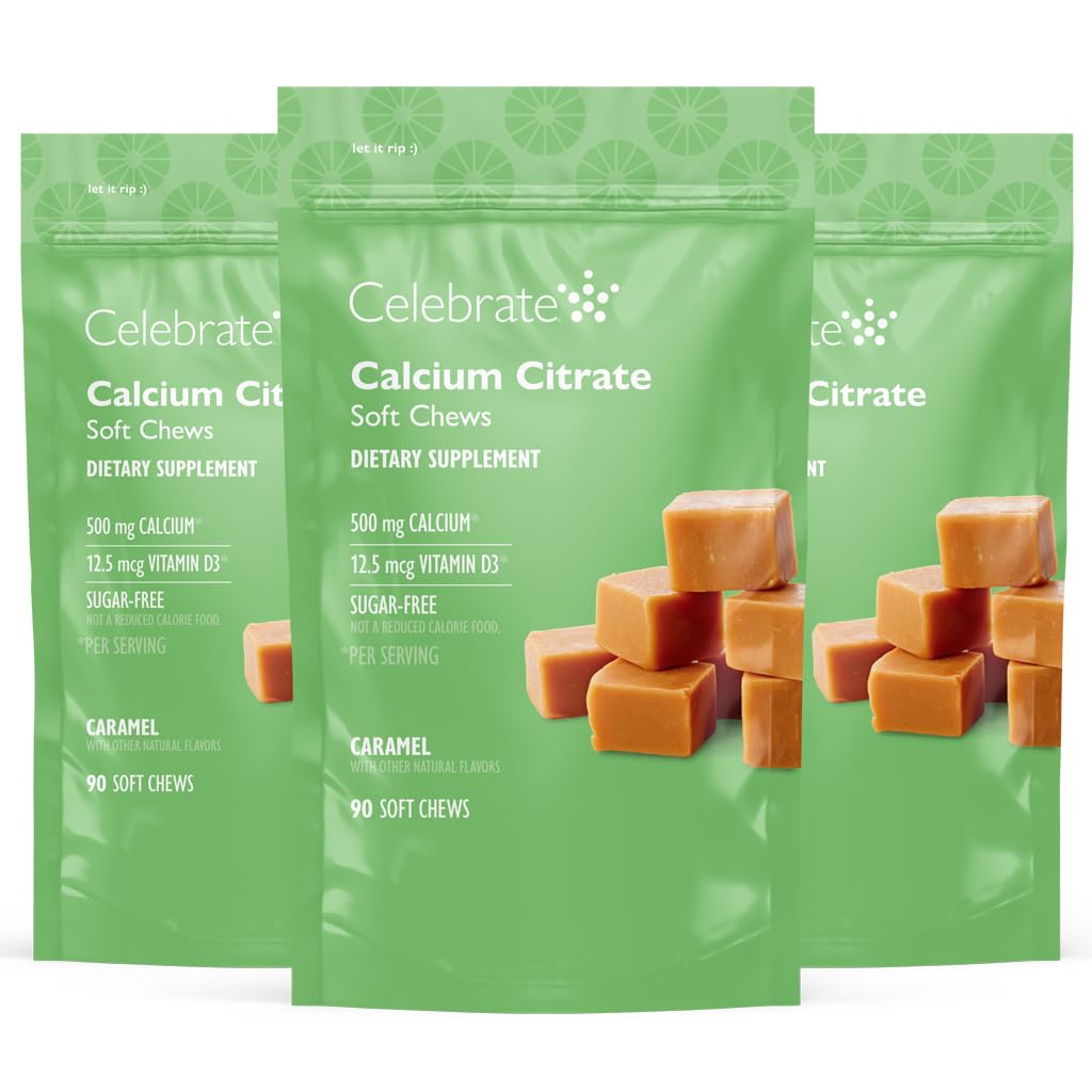 חוגגים ויטמין Bariatric 500 מ"ג Calcium Citrate Chews עם 500 IU ויטמין D3 - Essential for Gastric Bypass חולים & Bone Health - Sugar & Gluten Free, Carmel (270 צ'יפס)