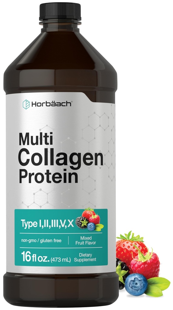 הורבאך Multi Collagen חלבון 16 oz | פירות פלאמור | נוזל קולג'ן פפטים | Type I, II, III, V, X | Non-GMO, Gluten Freeten