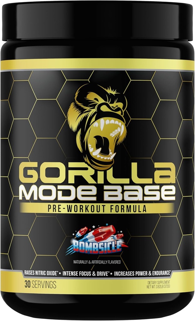 Gorilla Mind Base Pre Workout - Raises Nitric Oxide Intense Focus & Drive Endurance Power - L-Citrulline, L-Tyrosine, Betaine, Alpha-GPC, Caffeine, Huperzine A- 360 גרמות (Bosicle)