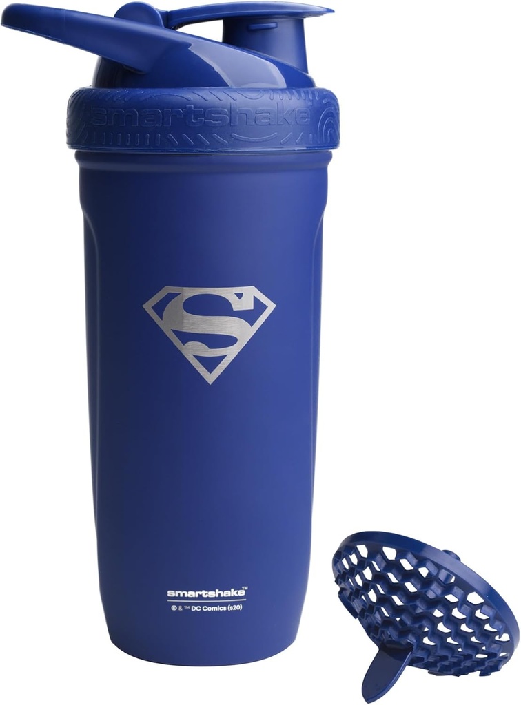 Smartshake DC COMICS Reforce Stainless Steel חלבון Shaker 900 מ"ל | 30 oz - Leakהוכחה Screw-on Lid - BPA Free - Unisex - Non Insulated - סופרמן לוגו