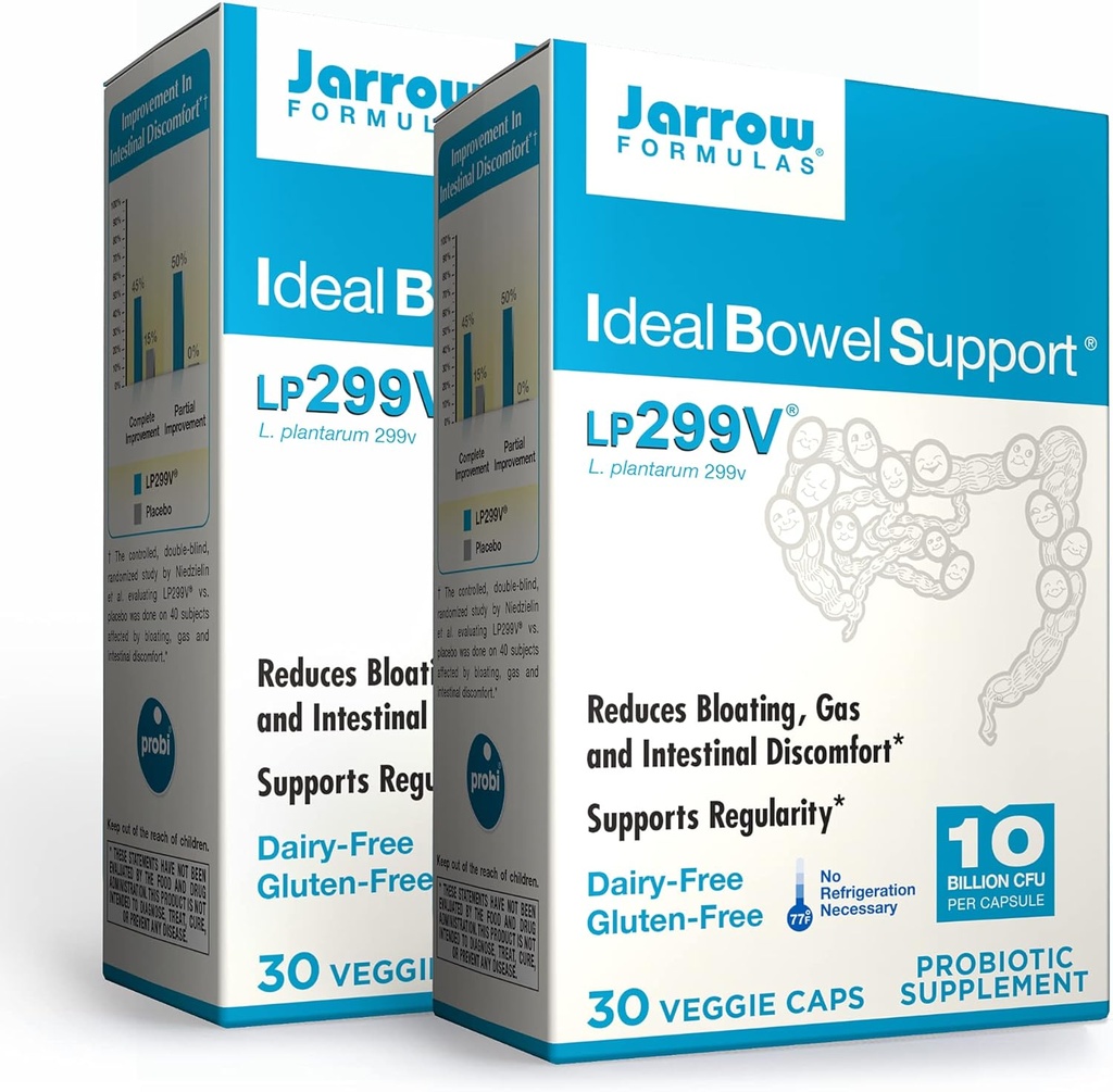 ג'ארו פורמולה אידיאלית של Bowel Support - 10 מיליארד אורגניזמים Per Serve - 30 Veggie Caps, Pack of 2 - Bowel Support - מצמצם את הרווח?, Gas & Intestinal Discomfort - עד 60 המשרתות הכוללות