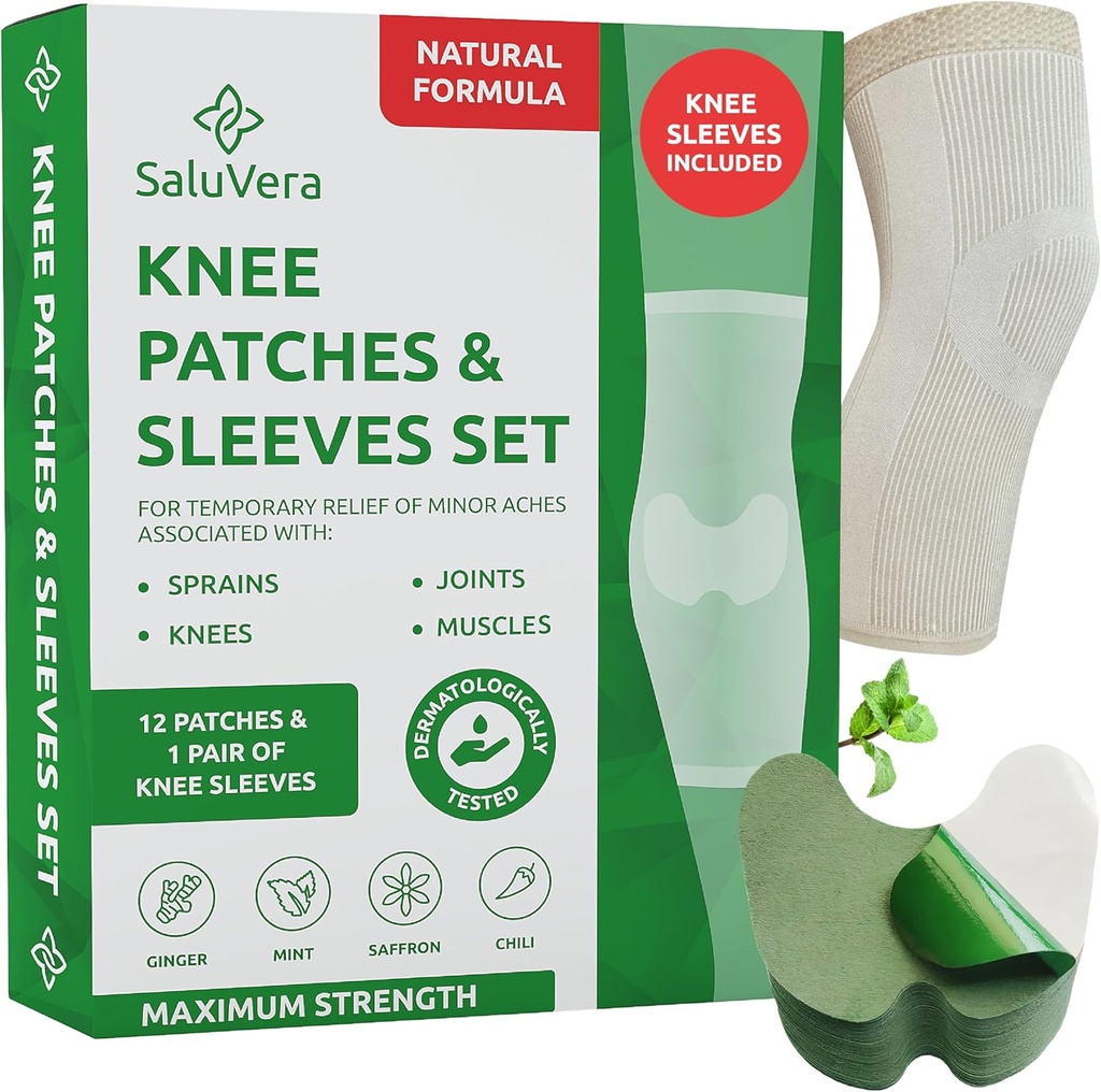 מחמם את הפטיפים הברך שלה עם 2 קומפרסיונות - self-Heating Relief Patches for Men & Women, Natural Ingredients for Soothing Support (12 Patch + 2 Compression Ops)